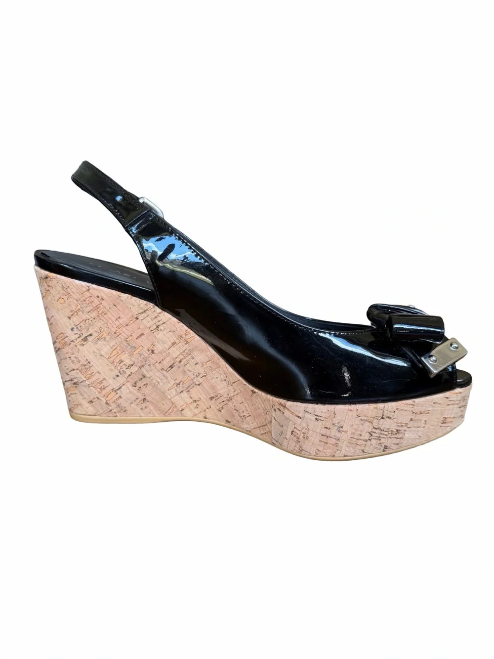 Stuart Weitzman Bodajean Patent Leather Cork Wedge Slingback Sandals 7.5